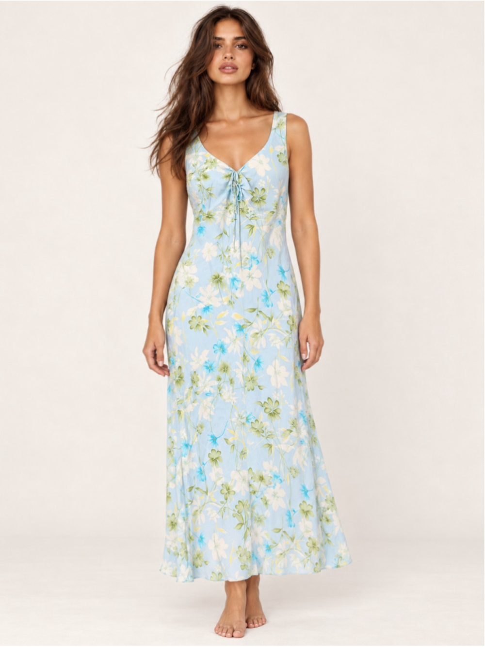 Ann Taylor x LOFT Blue Floral Maxi Dress Ruched Tie Front Fairy Garden Feminine